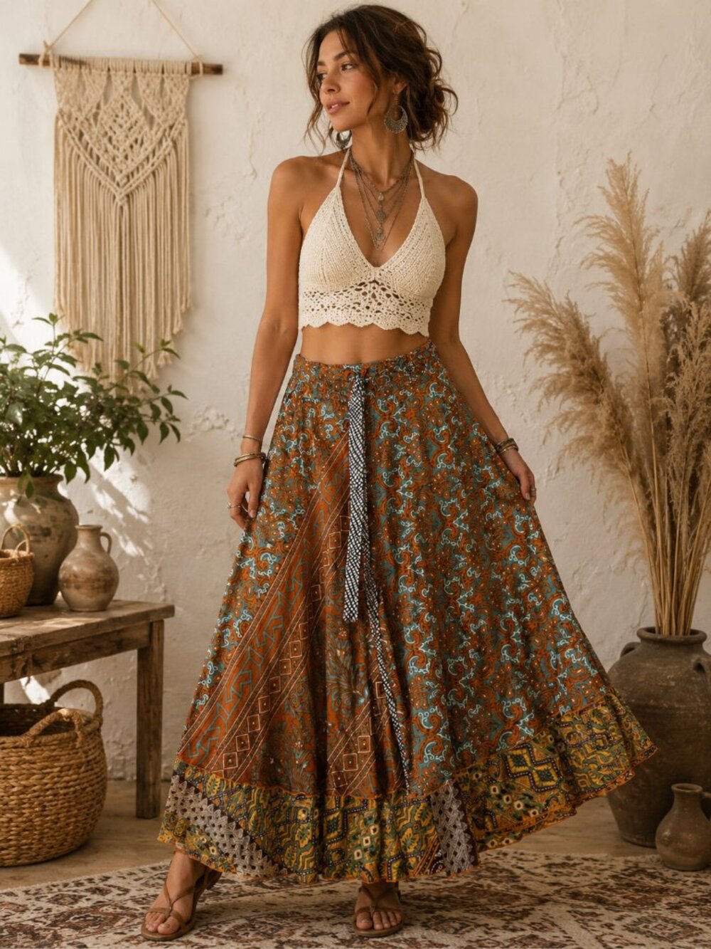 Silky Boho Wrap Paisley Flowy Reversible Skirt